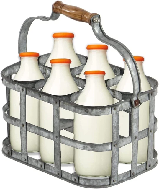 GALVANISED MILK BOTTLE Holder 6 Carrier Rack Wooden Handle Retro Drinks ...