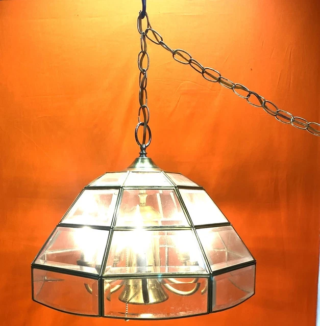 Vintage MCM 32 Panel Soldered Beveled Glass Swag Lamp Light Fixture Chandelier 5
