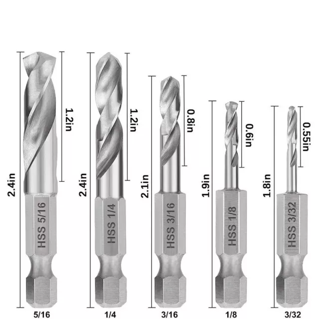 5pcs Stubby Drill Bit Set For Metal Quick Change 1/4 Hex Shank Drilling-Tools US