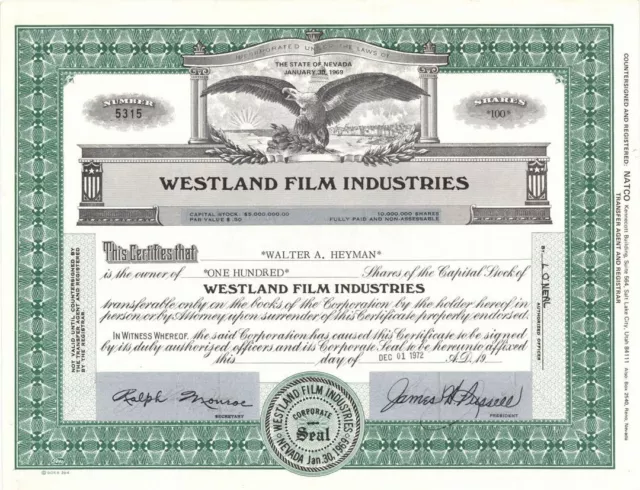 Westland Film Industries - Stock Certificate - Entertainment Stocks & Bonds