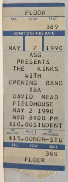 The Kinks Concert Ticket Stub 5/2/1990 Allegheny College David Mead Meadville PA