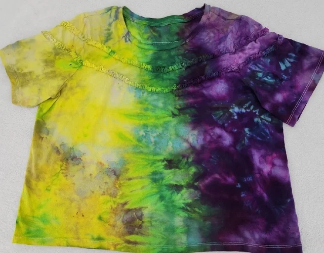 Dip Upcycled Women XL Shirt With Fringe Around Top Custom Procion Ice Tie Dyed *