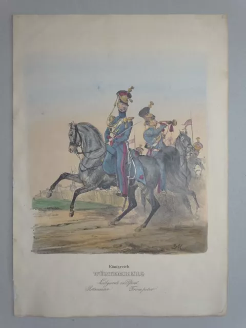 Württemberg Leibgarde Pferd Rittmeister kol. Lithographie Monten Bundesheer 1840