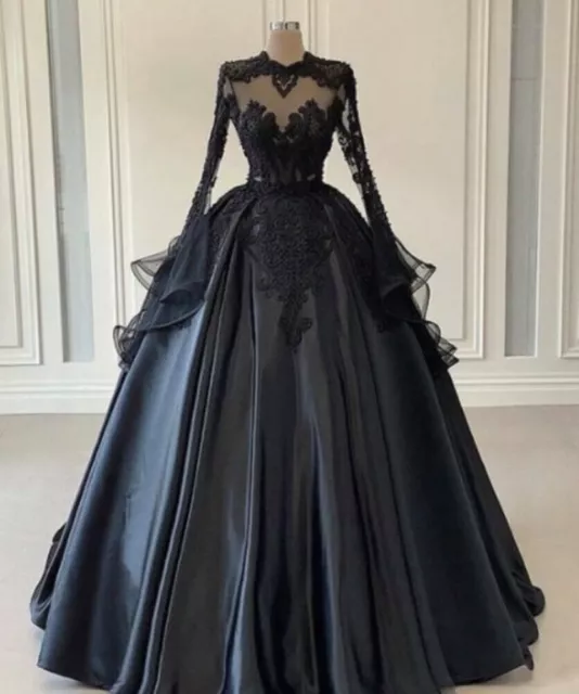 Gothic Black Long Sleeves Wedding Dresses High Neck lace Appliques Bridal Gowns