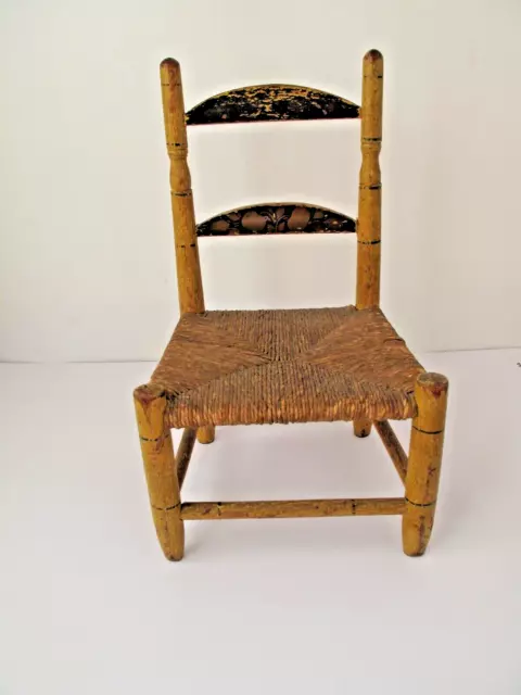 Antique American Doll  Chair Yellow Paint Black Detail and Rush Seat c. 1880's