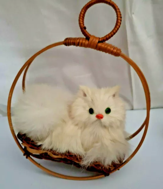 CAT Realistic Pet gift Kitten Wicker Basket Hang as ornament goat fur Figure