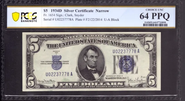 1934 D $5 Silver Certificate Note Narrow Fr.1654 Ua Block Pcgs B Cu 64 Ppq