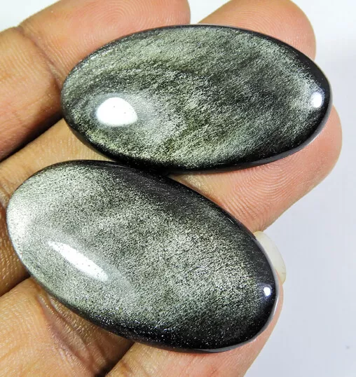 2 Pcs Natural Silver Sheen Obsidian Oval Loose Gemstone Cabochon 84 Cts.
