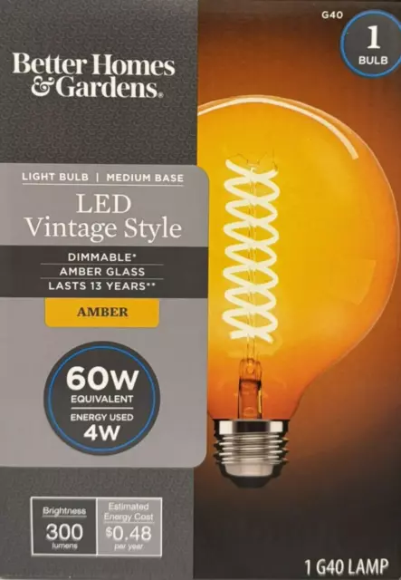 Better Homes 60-Watt Vintage Style Clear Amber Glass G40 LED Globe Light