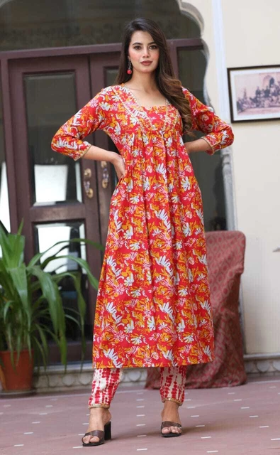 Indian Naira Cut Kurta Pant 2Pc Embroidery Casual Readymade Party Wedding Dress