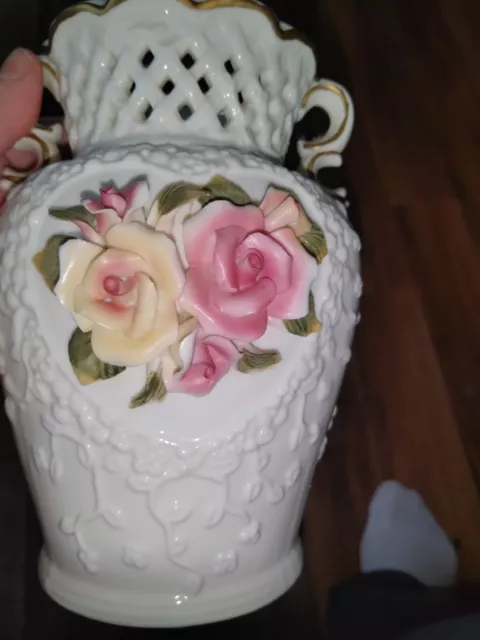 Capodimonte Style Basket Weave Rose Vase