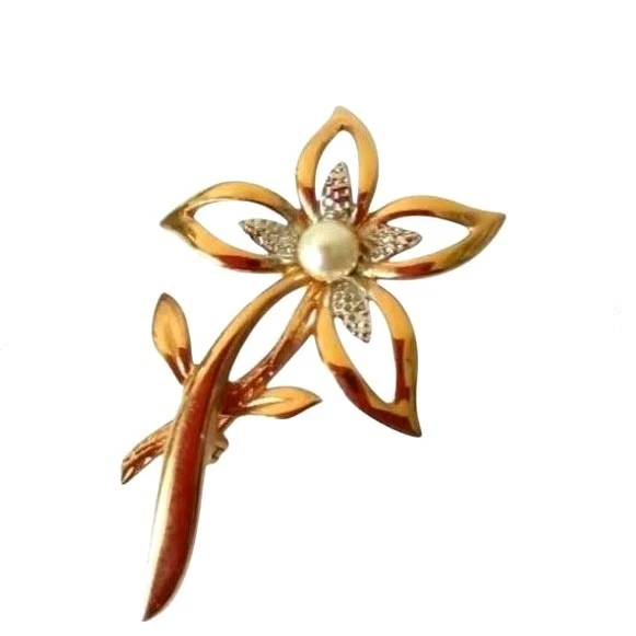 Broche Vintage Bouquet De Fleurs – Perle Et Strass – Couleur Bronze – Réf 4746