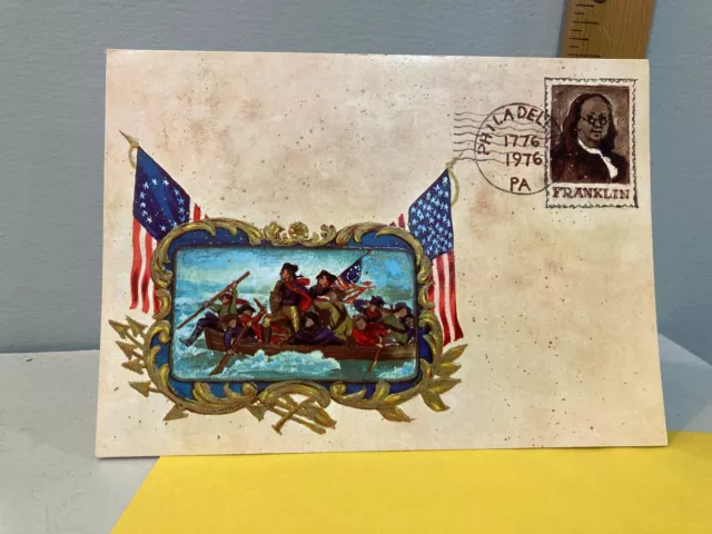 Vtg Christmas Card Ben Franklin Stamp Philadelphia Washington  Delaware Flags m4