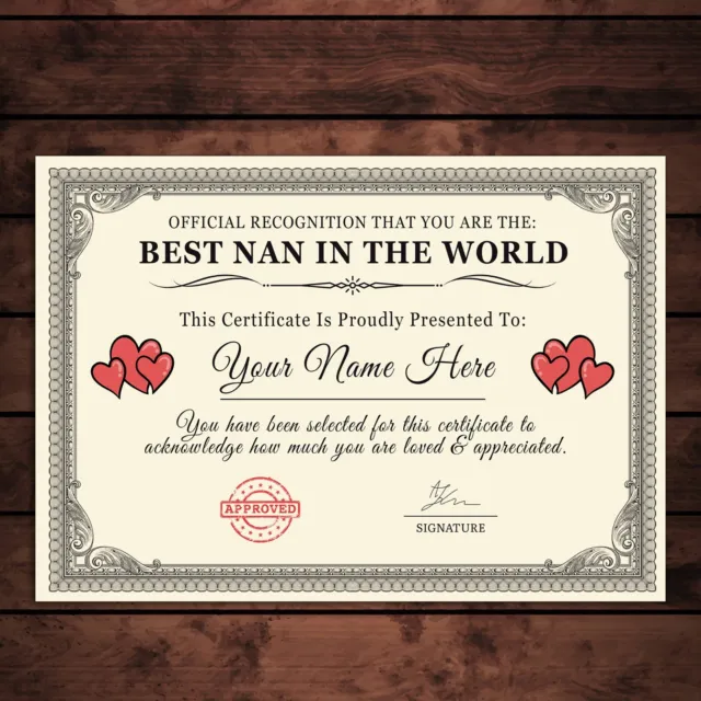 Personalised 'Best Nan In The World' Certificates Gift/Print