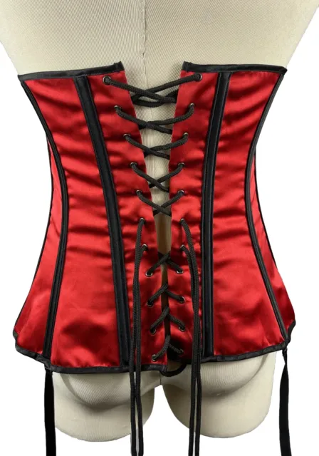 Women Vintage Black Red Cherry Lace Up Boned Overbust Satin Corset Top  Bustier 