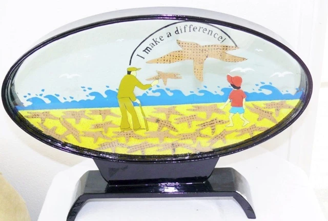 Vintage Chinese Ocean Starfish Cork Diorama Large Black Lacquer Wood Stand Glass