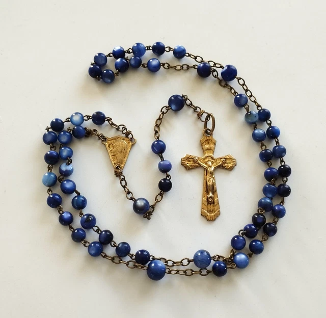 Chapelet Ancien En Perles De Cristal Bleu - 59 Grains, Fabriqué En France, Fond De Stock