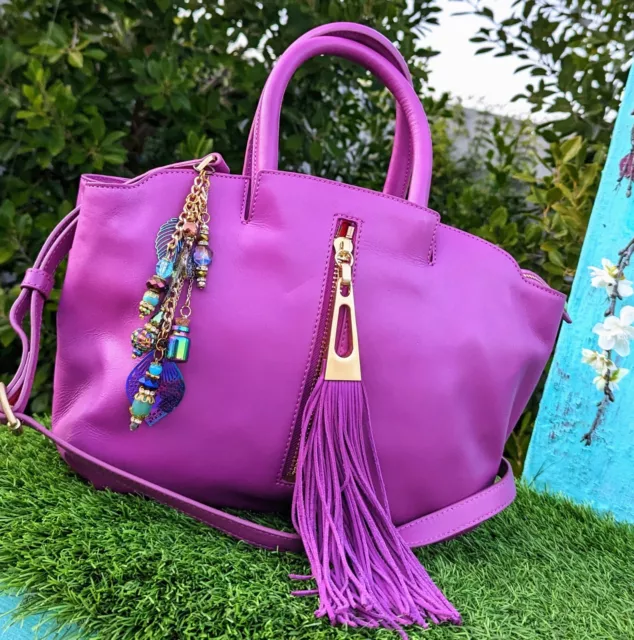 New BRIAN ATWOOD Napa leather tassel zip front satchel purse handbag $695 purple