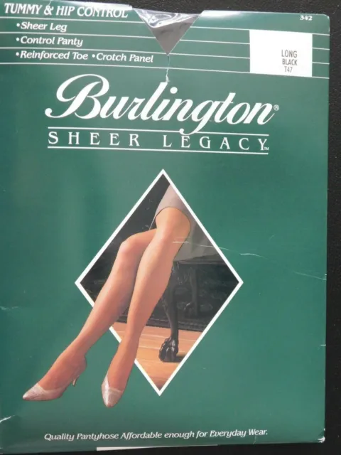 Burlington Sheer Legacy Control Top Pantyhose Reinforced Toe Size Long Black T47