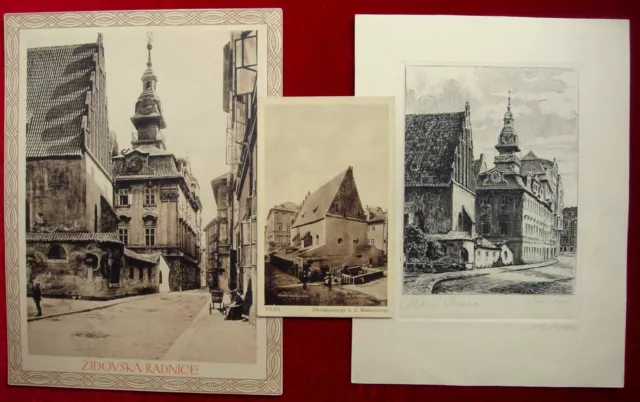 JUDAICA JEWISH Prague synagogue Etching, postcard, xylography