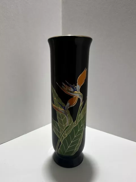 Birds of Paradise Otagiri Bud Vase Black With Design Gold Accents,