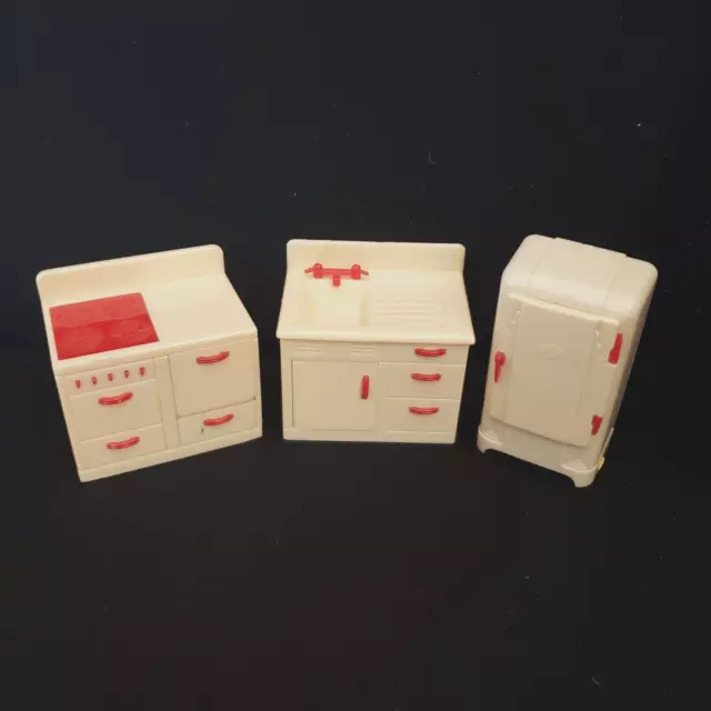 Vintage RENWAL Cream Red Kitchen Sink Stove Fridge Plastic Dollhouse Furniture