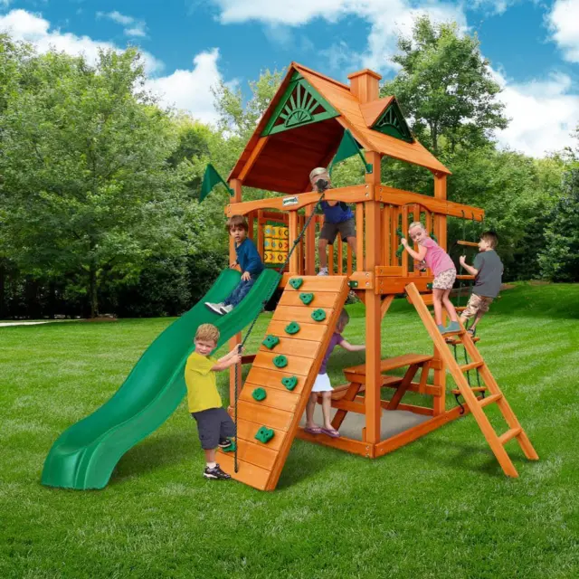Outdoor Wooden Swing Set Toy Playhouse PlaySet with Slide Stairs All Cedar NEW