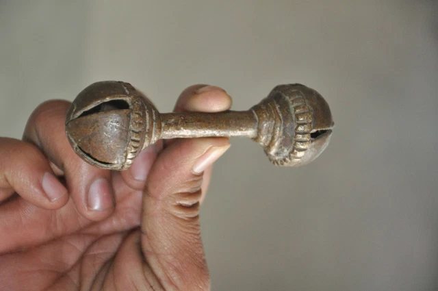 Old Brass Handcrafted Jali Cut Solid Baby Rattle Toy, Rich Patina