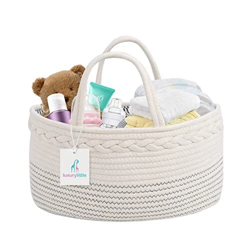 Luxury Little Baby Diaper Caddy Organizer - Large Tote Bag Rope Nursery Storage