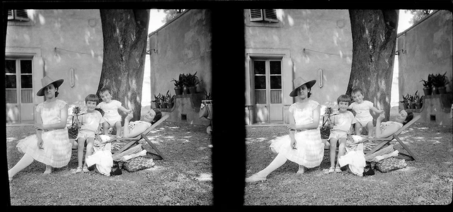 Family Holiday Women Kids Garden. 1930. Vintage Stereo Negative Photo. N123