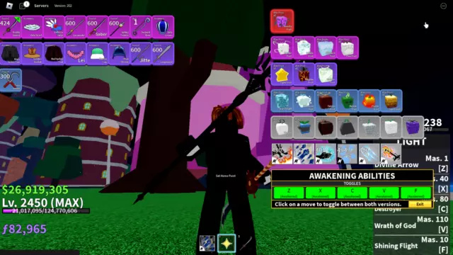 Blox Fruit Account Lv:2450Max, Human Awakeining Tier1, GAME PASSES 2X  MASTERY, GodHuman, Dark Blade, Unverified Account