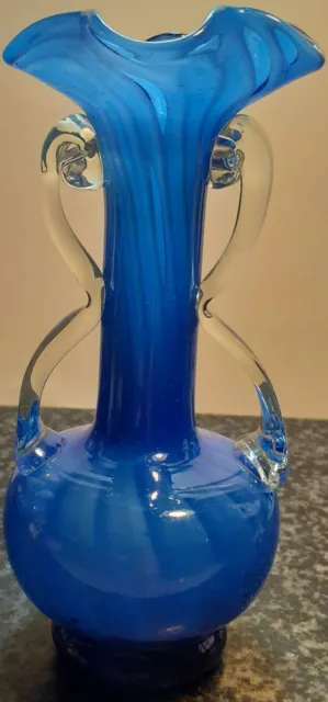 Vintage Cobalt Blue Mid Century Art Glass Bud Vase Clear Glass Applied Handles