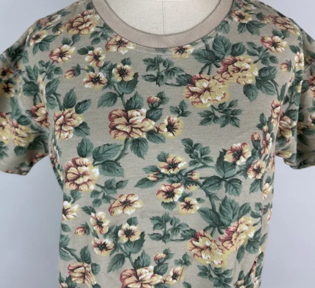 Vintage 90s Floral Print Pique Knit Tee S Beige Boxy Fit T-shirt Cotton Grunge