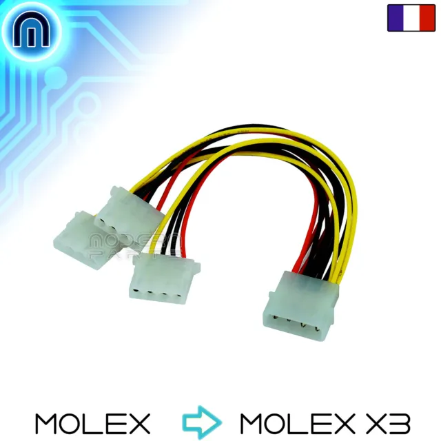 Cable d'alimentation Molex vers triple Molex 4PIN Adaptateur doubleur Y, HDD IDE