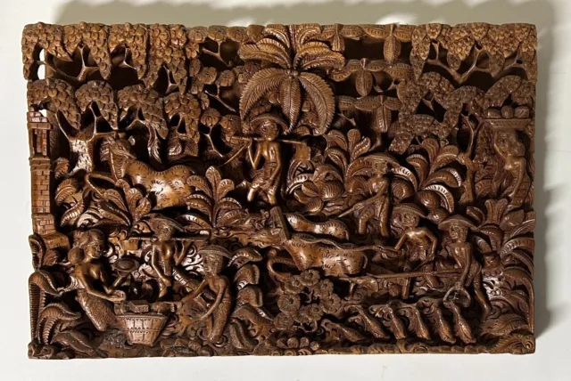 asiatische Holzschnitzerei wundervolles Holz Relief Holzschnitzplatte 33 x 50cm