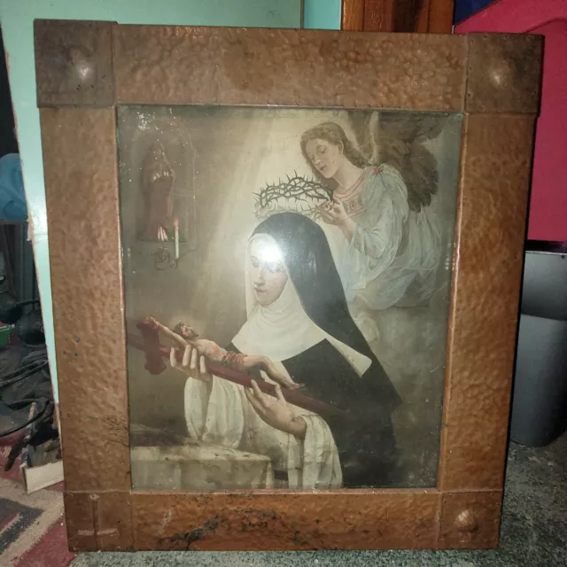 RARE Large Mission Arts & Crafts Hammered Copper Frame & Nun CCVI Lithograph