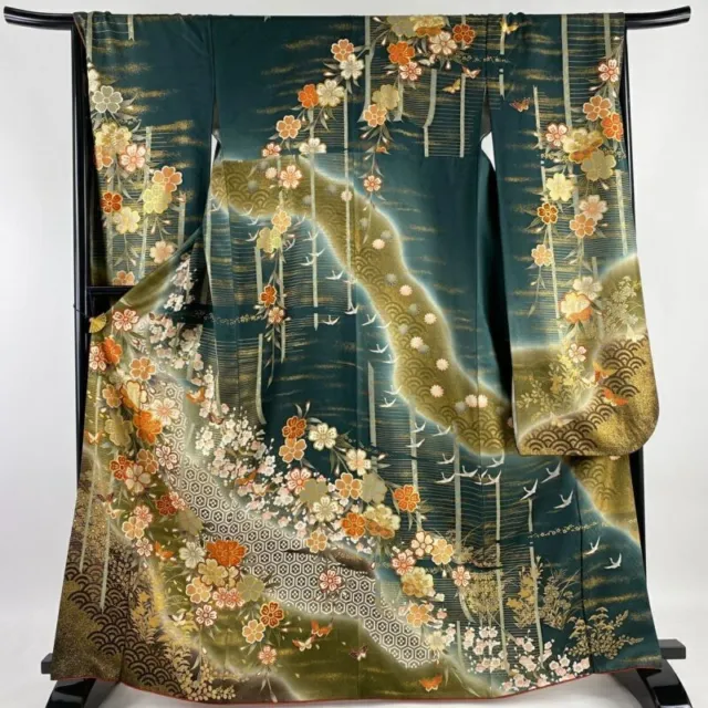 Woman Japanese Kimono Furisode Silk CherryBlossom Butterfly Gold Foil Dark Green