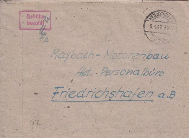 F.Zone - HEILIGENBERG  (BADEN) - Gebühr bezahlt - Brief - 1947