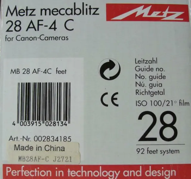 Metz Mecablitz 28AF-4C Flash For Canon EOS series (not digital).New Old Stock 9