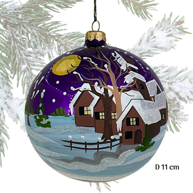 Boule de Noël bleu ciel paysage enneigé avec sapin verre soufflé 150 mm | vente en ligne sur