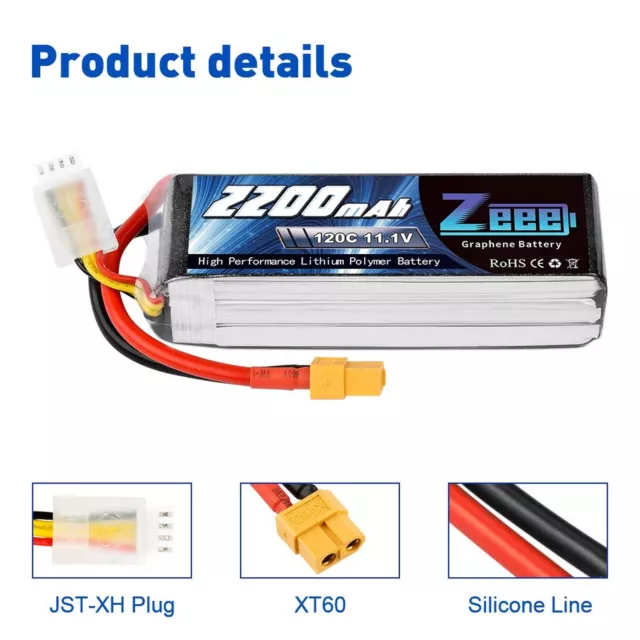 Batería Lipo Zeee 3S 120C 2200mAh 11.1V con Enchufe XT60 Grafeno de radiocontrol para F... 3