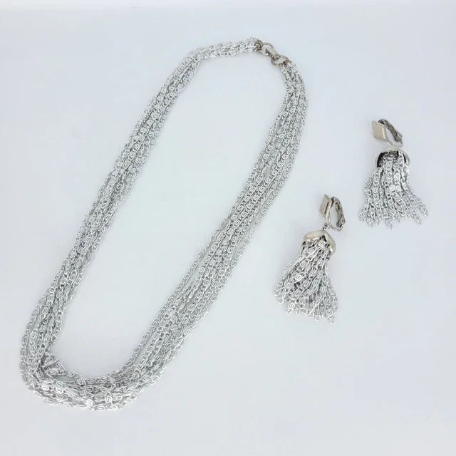 Vintage SARAH COVENTRY Silver-tone Chain Necklace & Clip-on Earring Set 1960s