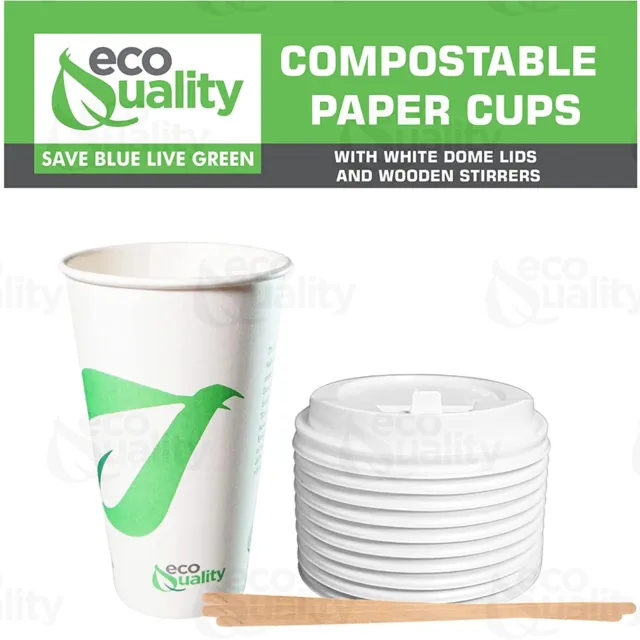 20oz Compostable Biodegradable White Paper Cups w/ White Dome Lids and Stirrers