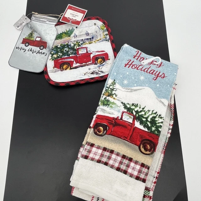Juego de toallas de cocina Holiday Time soporte para ollas adorno camión rojo nuevo con etiquetas