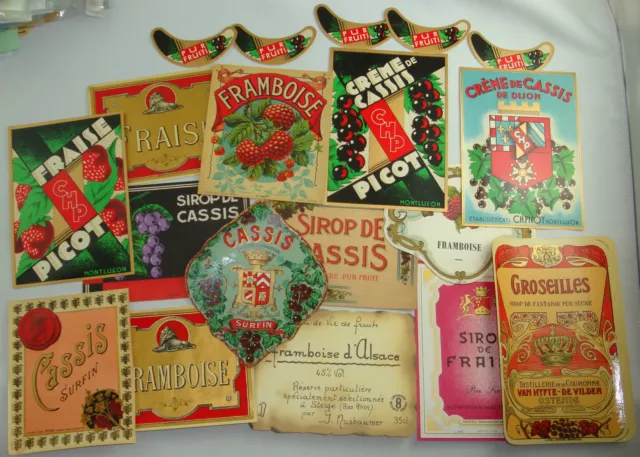 Lot 14 Etiquettes Fruits Rouge Cassis Fraise Framboise Alcool Labels Anciennes