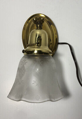 Vintage Working Art Deco Art Nouveau Brass Plate Wall Sconce Light Frosted Shade