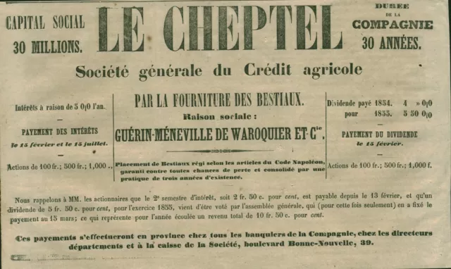 Document ancien Cheptel Société Générale du Crédit Agricole 1856 issu magazine