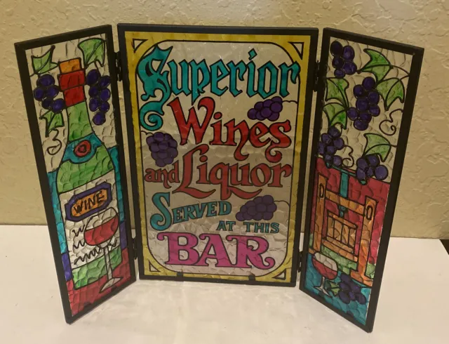 Vintage Superior Wines & Liquor Bar Sign Stand Faux Stained Glass Made in Japan