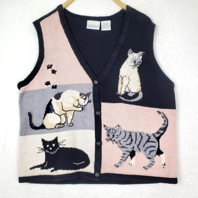 Vintage Blair Boutique Sweater Vest Black Womens Sz Medium Cat Print Pastel
