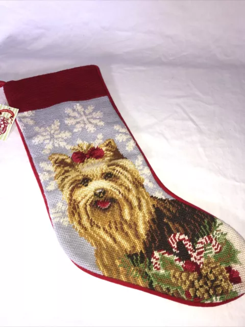 Yorkie Needlepoint Christmas Stocking Yorkshire Terrier Dog- Red Velvet